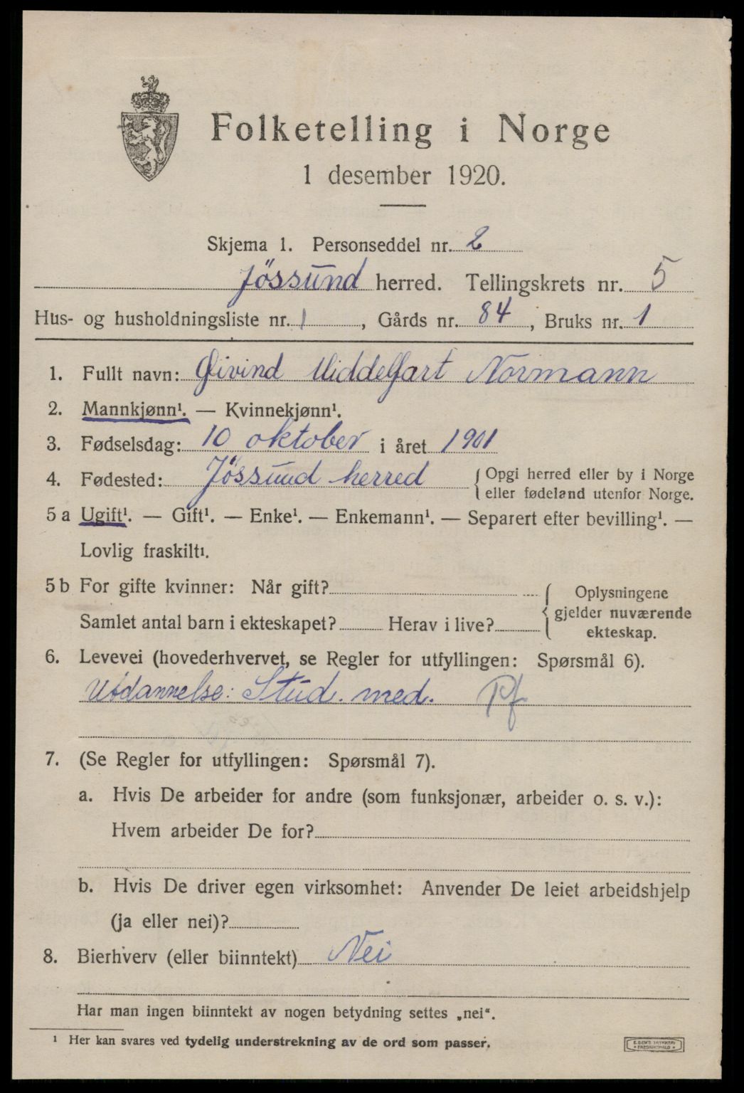 Folketellinger SAT Folketelling 1920 For 1629 J ssund Herred 1920 S Folketellinger SAT Folketelling 1920 For 1629 J ssund Herred 1920 S